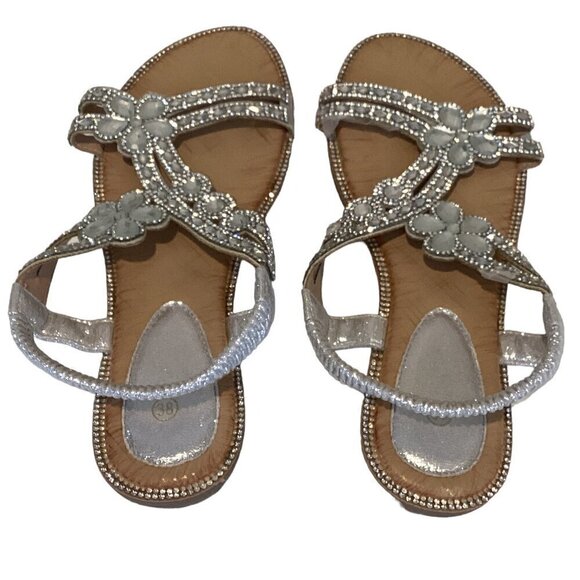 Dressy BOHO Rhinestone Flower Silver Flat Comfort Sandal Sz 38 US 7.5 #292G - Picture 2 of 8